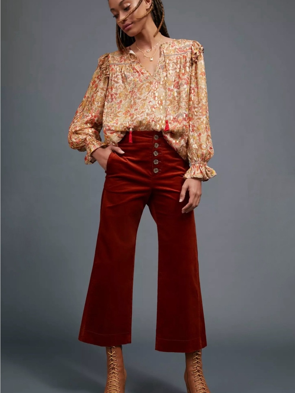 Anthropologie Harrison High Rise Wide Leg Corduroy Crop Pants 10 Burnt Orange